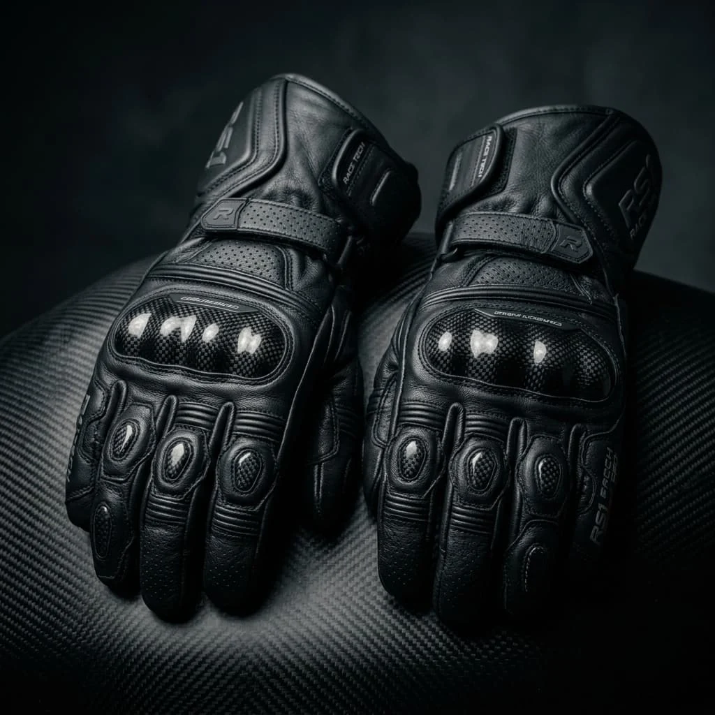 Black motorcycle gloves with raised knuckle protection — motorcycle gear manufacturer