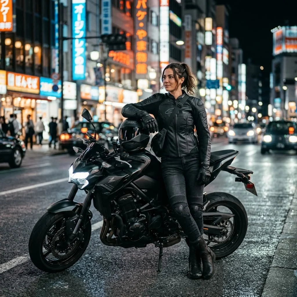 Woman in motorcycle clothing beside a motorcycle on a city street — motorcycle gear manufacturer