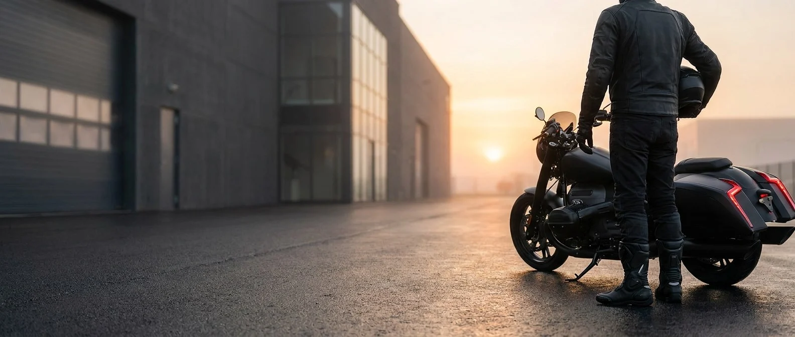 Motorcyclist standing beside a motorcycle outside an industrial building — motorcycle gear manufacturer