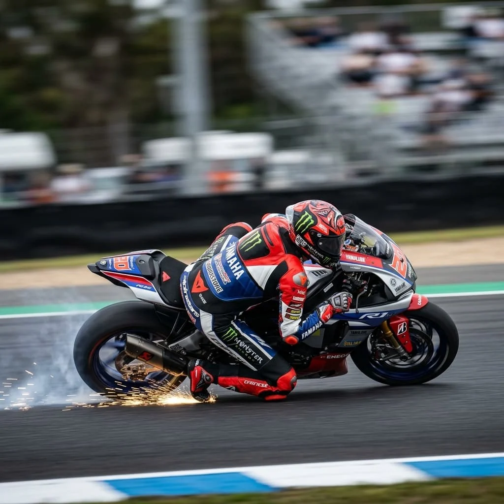 Motorcycle rider cornering on a race circuit — motorcycle gear manufacturer
