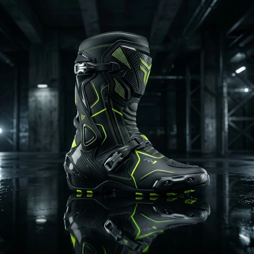 Black and fluorescent-yellow motorcycle boot concept — motorcycle gear manufacturer