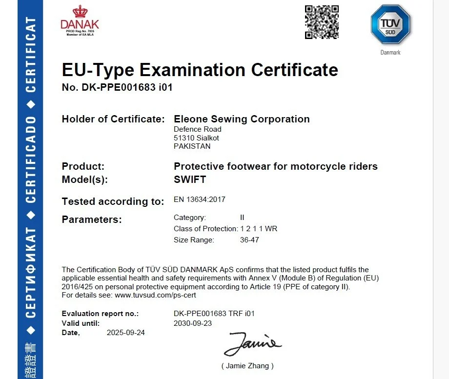 SWIFT footwear certificate preview — motorcycle PPE standards