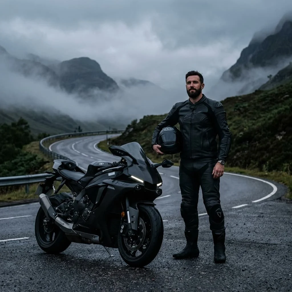 Man in motorcycle clothing beside a motorcycle on a mountain road — motorcycle gear manufacturer