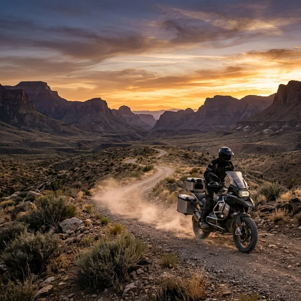 Adventure motorcyclist riding on a mountain trail — motorcycle gear manufacturer